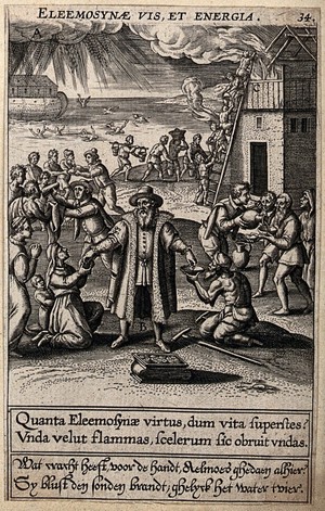 view Works of mercy: just as water extinguishes fire, so works of mercy (with penitence) extinguish sin. Engraving attributed to T. Galle, 1601.