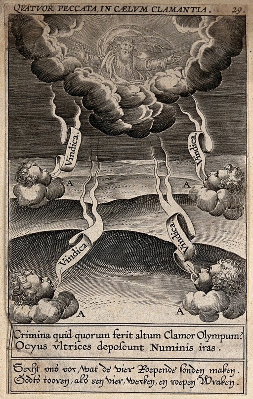 Sins, good deeds and their results: the results of the claims of the sinners. Etching.