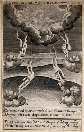 Four cherubs shout out to God requests to punish the four worst sins of mankind: murder, sodomy, oppression of the poor, and failure to pay due wages. Engraving attributed to T. Galle, 1601.