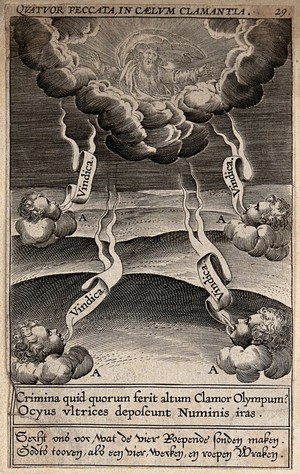 view Four cherubs shout out to God requests to punish the four worst sins of mankind: murder, sodomy, oppression of the poor, and failure to pay due wages. Engraving attributed to T. Galle, 1601.