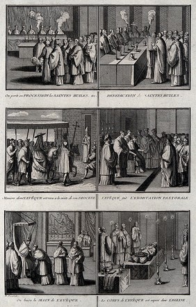 Six rites of the Roman Catholic Church: the procession of the Holy Oils; the blessing of the Holy Oils; a bishop is received during a visit to his diocese; the bishop's pastoral exhortation; the kissing of the bishop's hand and the bishop's lying in state. Etching after B. Picart.