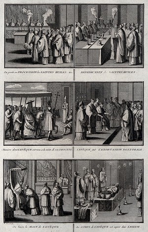 view Six rites of the Roman Catholic Church: the procession of the Holy Oils; the blessing of the Holy Oils; a bishop is received during a visit to his diocese; the bishop's pastoral exhortation; the kissing of the bishop's hand and the bishop's lying in state. Etching after B. Picart.