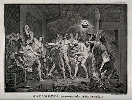 A nocturnal assembly of the Adamites begins; everybody takes their clothes off. Etching by F. Morellon la Cave.