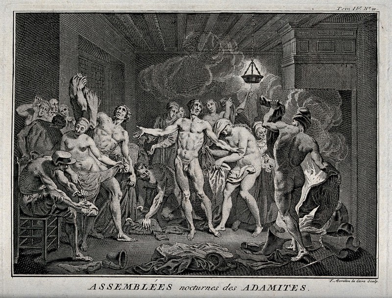 A nocturnal assembly of the Adamites begins; everybody takes their clothes off. Etching by F. Morellon la Cave., 1700-1799, by François Morellon de La Cave