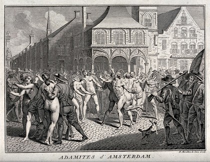 The arrest of Adamites in a public square in Amsterdam. Etching by F. Morellon la Cave.