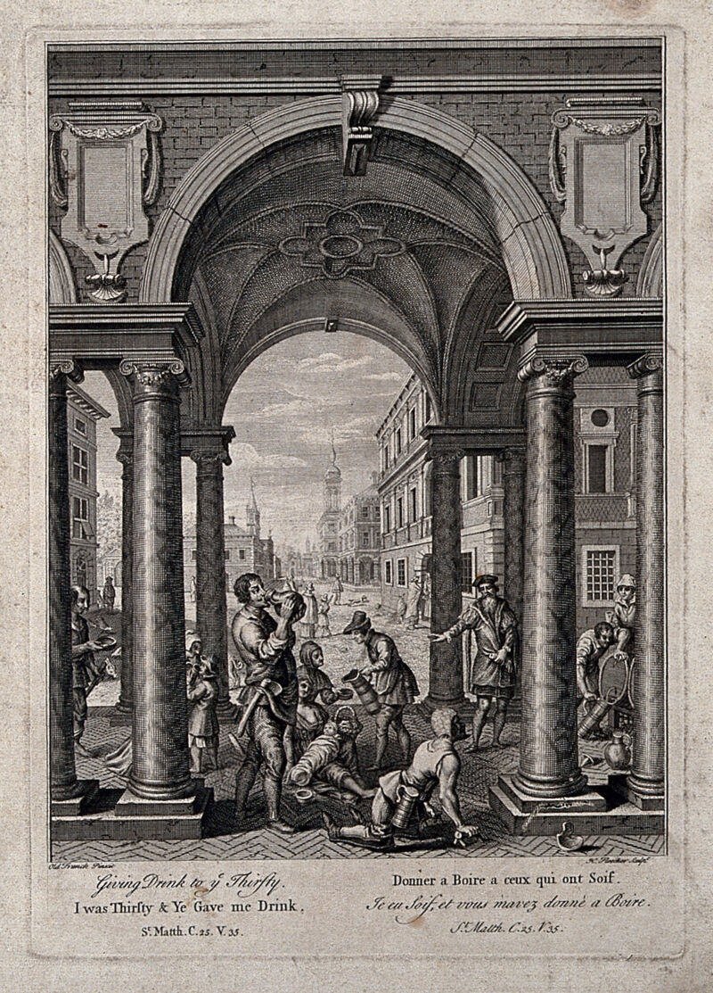 Examples of charity: giving drink to the thirsty. Etching by H. Fletcher after Frans Francken the elder., by Frans Francken I