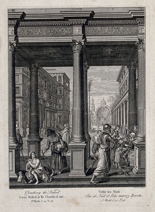 Examples of charity: clothing the naked. Etching by H. Fletcher after Frans Francken the elder.