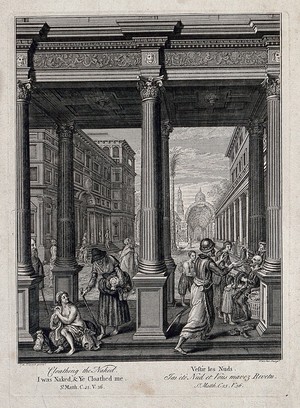 view Examples of charity: clothing the naked. Etching by H. Fletcher after Frans Francken the elder.