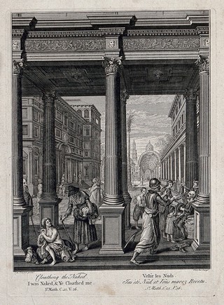 Examples of charity: clothing the naked. Etching by H. Fletcher after Frans Francken the elder.