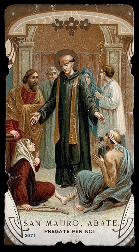 Saint Maurus, the Abbot, venerated by a lame woman and a poor man. Colour process print.