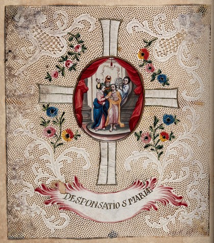 The betrothal of the Virgin and Saint Joseph, with filigree border. Coloured cut paper work.