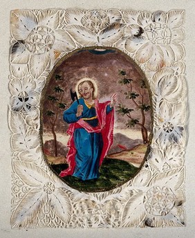Christ as a gardener, with filigree border. Coloured cut paper work.