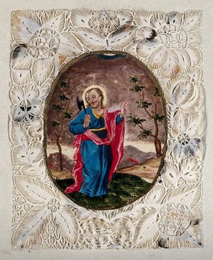 view Christ as a gardener, with filigree border. Coloured cut paper work.