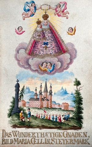 view The Virgin of Mariazell and a view of Mariazell with pilgrims. Gouache on parchment.