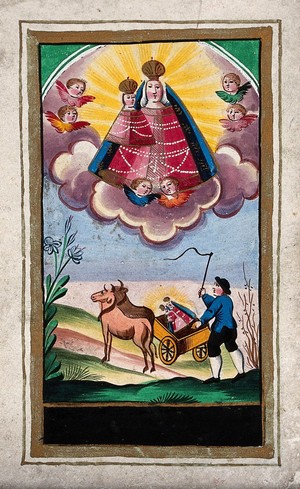 view The Virgin of Mariazell protecting a peasant who carries her image with him. Gouache.