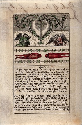 The Holy Shroud of Turin; above, mourning angels beside the Cross. Coloured etching.