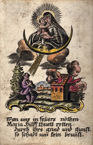 view The Virgin of Succour protecting a man whose house is on fire. Coloured engraving.