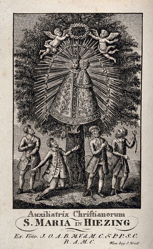 view The Virgin of Succour, Saint Mary of Hietzing, in a tree, being venerated by freed prisoners. Etching.