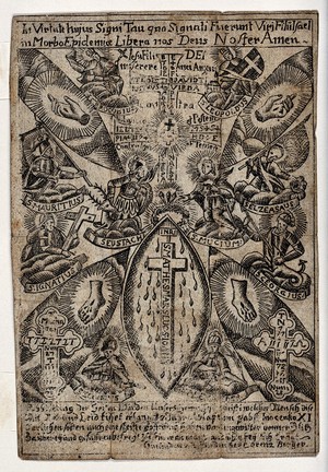 view A prayer for the liberation from the plague with images of the wounds of Christ, the Instruments of the Passion and of interceding saints. Etching.