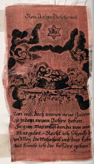 view The Christ Child reclining and embracing the Cross. Etching on silk.