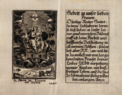 The Virgin of Loreto being carried by angels with her house to Loreto. Etching on silk.
