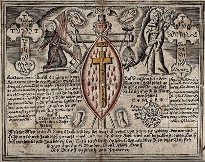 The wounds of Christ in their exact size, and St Francis, on the left receiving the stigmata and on the right carrying the Cross. Coloured etching.