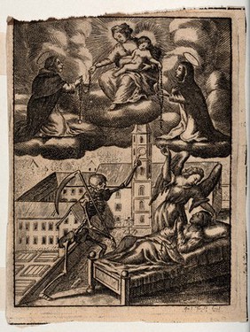 A believer, called by death, with his guardian angel pointing to heaven, where saints will intercede for him. Etching by An[dreas] Trost.