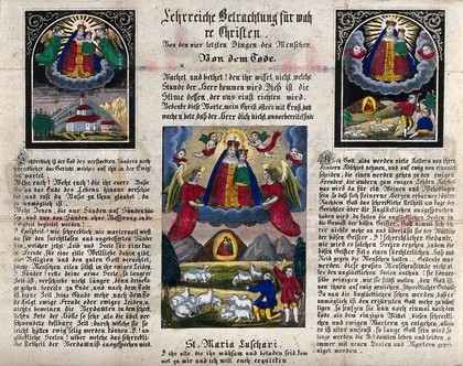 Three images of the Virgin of Luschari appearing to shepherds; above a monastery with a text pertaining to death. Coloured metalcut and letterpress.