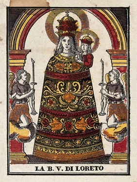 The Virgin of Loreto. Coloured woodcut.