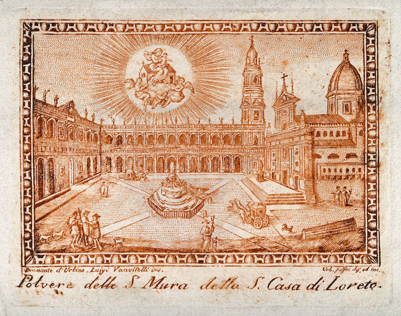 An envelope, originally containing dust from the walls of the Casa Santa of Loreto, with a view of the square before the Church and the appearance of the Virgin of Loreto and her house. Etching by U. Jaffei after L. Vanvitelli., by Luigi Vanvitelli