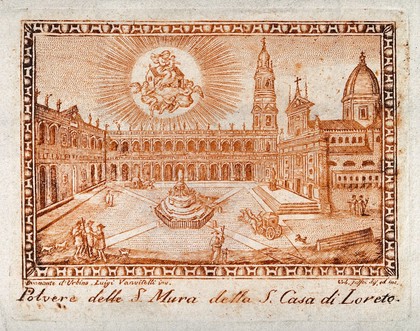 An envelope, originally containing dust from the walls of the Casa Santa of Loreto, with a view of the square before the Church and the appearance of the Virgin of Loreto and her house. Etching by U. Jaffei after L. Vanvitelli.