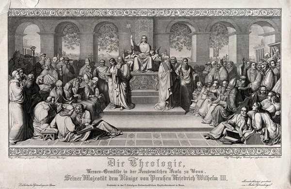 An allegory of theology with the catholic faction on the left, the protestant faction on the right. Engraving by J. von Keller after C.H. Hermann, E. Föerster and F.J.J. Götzenberger after C.H. Hermann.