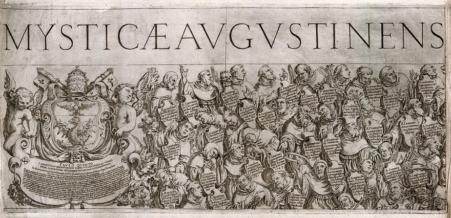 Dedication to Paul V and blessed Augustinians from the twelfth to the fifteenth century. Engraving by Oliviero Gatti, 1614.