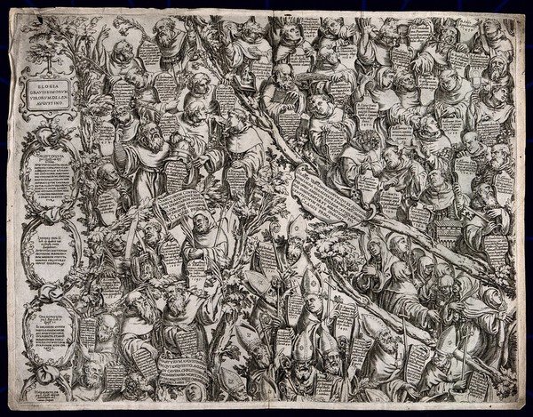 Saints, martyrs, blessed and bishops of the Augustinian order. Engraving by Oliviero Gatti, 1614.
