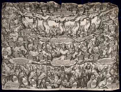 Saints, martyrs, Blessed Virgins and Nuns of the Augustinian order, in the centre, Saint Monica. Engraving by Oliviero Gatti, 1614.