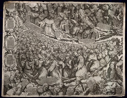 Martyred saints of the Augustinian order, who died under persecution through the Vandals in Africa, bishops and saints of the order and representations of the individual Augustinian orders. Engraving by Oliviero Gatti, 1614.