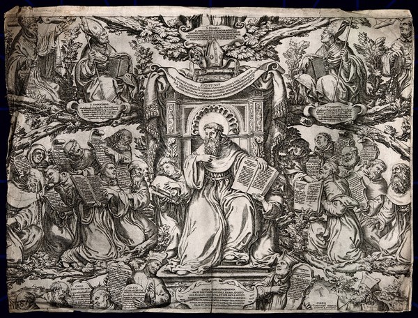 Saint Augustine of Hippo enthroned, surrounded by Saint Simplicianus, Saint Fulgentius and representations of the hermit congregations and orders of the Augustinian order. Engraving by Oliviero Gatti, 1614.