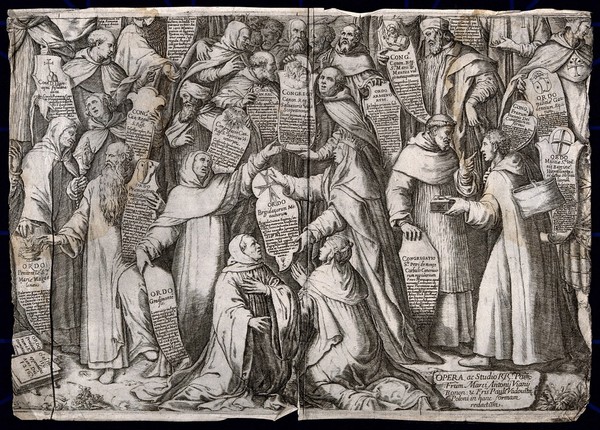 The different orders and congregations of the Augustinian order, inscription of the inventors of the programme Marcantonio Viani and Paulus Vadovita. Engraving by Oliviero Gatti, 1614.