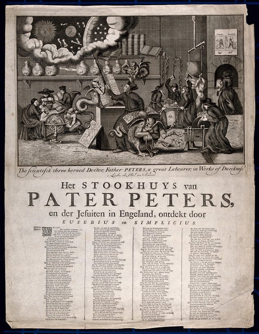 The evil sciences of the Jesuit doctor Father Peters in London. Etching.