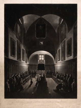 The interior of a Capuchin monastery, with monks at their devotions. Mezzotint by W. Giller after Granet.