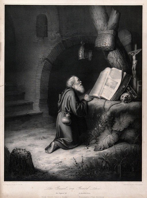 A hermit at prayer. Stipple engraving by C. Straub after G. Dou.
