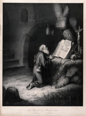 A hermit at prayer. Lithograph by C. Straub after G. Dou.