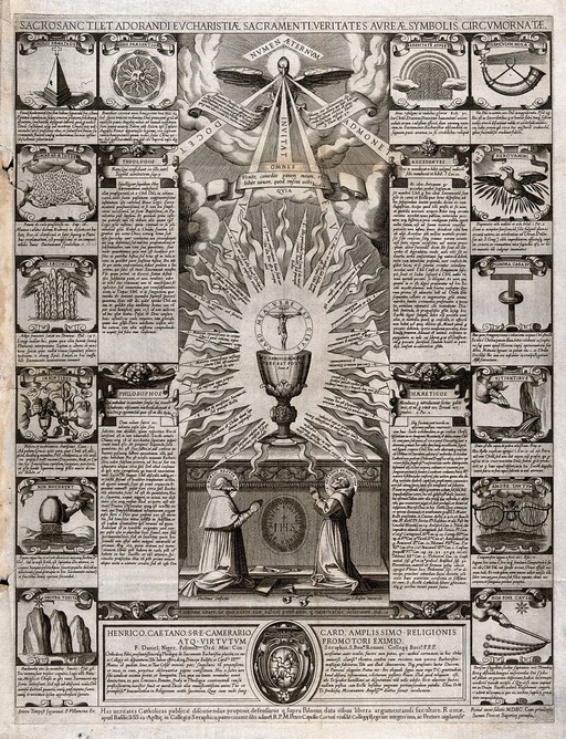 The Eucharist venerated by St. Bonaventure and St. Anthony of Padua; surrounded by related symbols, texts and doctrines. Etching by F. Villamena, 1598, after Antonio Tempesta.