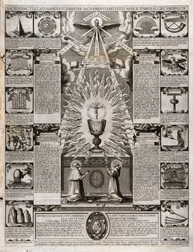 The Eucharist venerated by Saint Bonaventure and Saint Anthony of Padua; surrounded by related symbols, texts and doctrines. Etching by F. Villamena, 1598, after Antonio Tempesta.