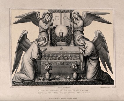 Angels in adoration of the Eucharist, which is presented on an altar decorated with the Last Supper. Lithograph by J.G. Schreiner after M. Seitz after H. Hess.