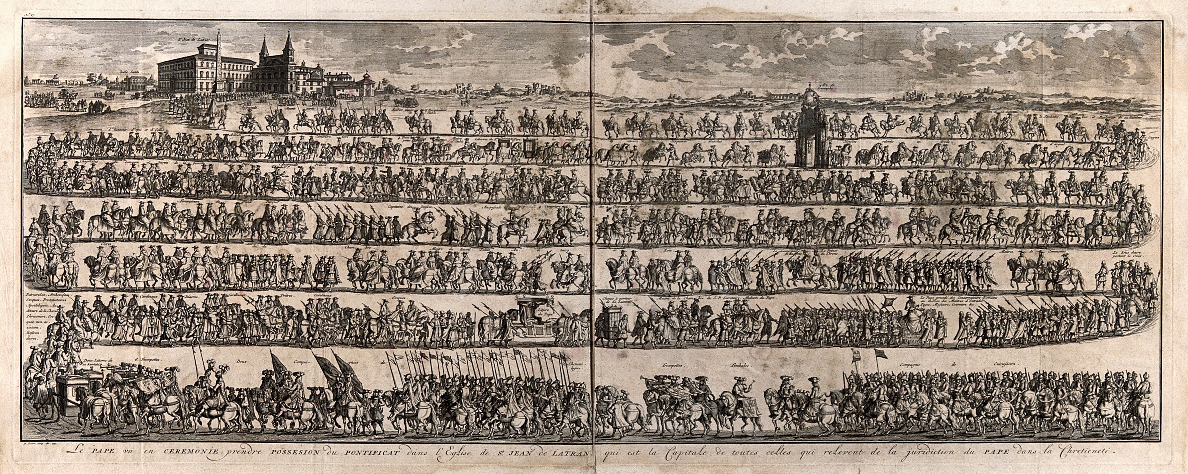 The pope takes possession of his office: the procession to St. John Lateran. Etching by B. Picart, 1722.