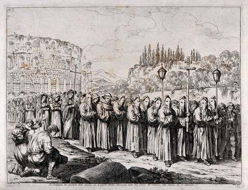 A procession of penitents before the Colosseum in Rome. Etching by Pinelli, 1820.