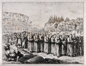 view A procession of penitents before the Colosseum in Rome. Etching by Pinelli, 1820.