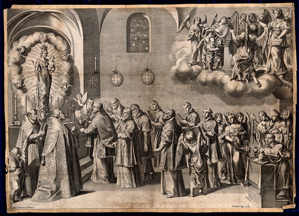 A procession to a miraculous image of the Virgin is joined by heavenly music and angels. Engraving.