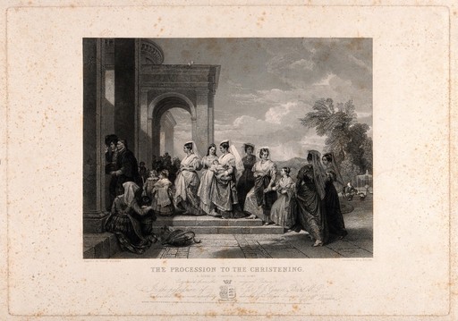 A family enters a church at L'Ariccia for the christening of a child. Engraving by L. Stocks after P. Williams.